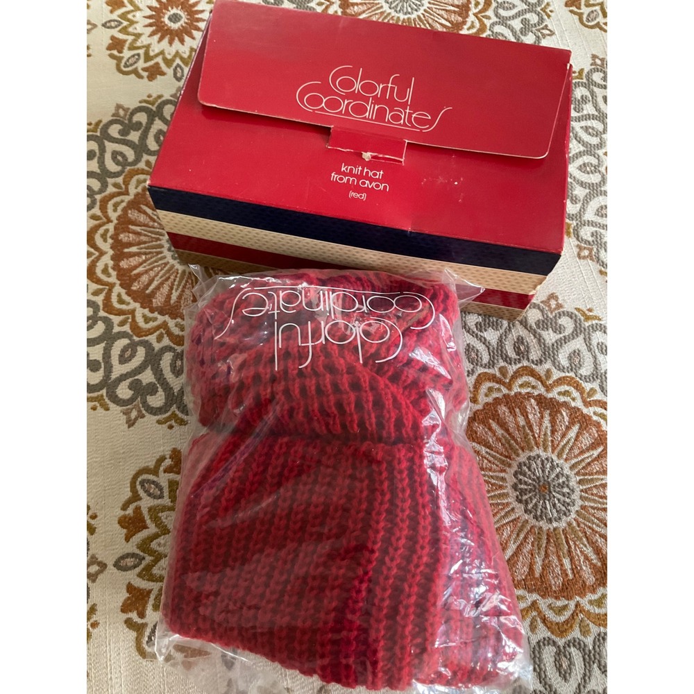 Vintage 1983 Avon Colorful Coordinates Red Knit Beanie Hat One Size NIB